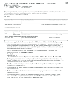 Wisconsin Collector Hobbyist Vehicle Temporary License Plate Application