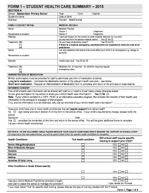 Student Health Care Summary Form