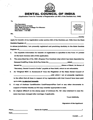 Dental Council of India Registration Transfer Form