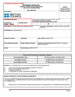Pearson Edexcel AS/A Level Examination Registration Form