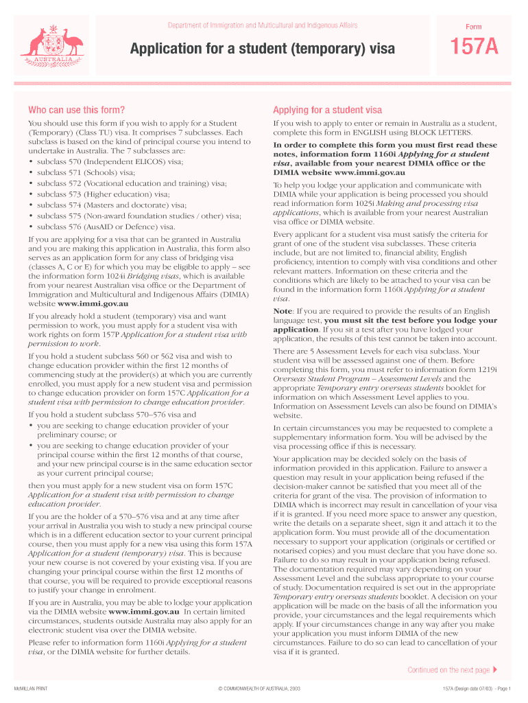 Fillable Online Application For A Student Temporary Visa 157A Fax Email Print PdfFiller