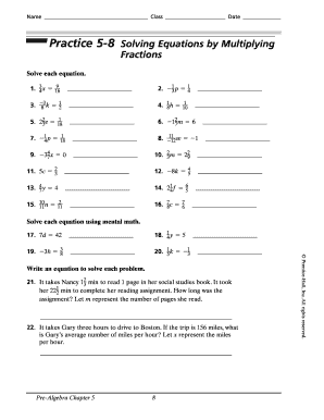 Practice 5-8 Solving Equations by Multiplying Fractions