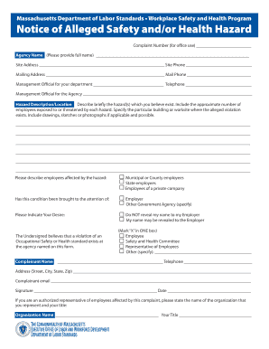 Massachusetts Safety and Health Hazard Complaint Form
