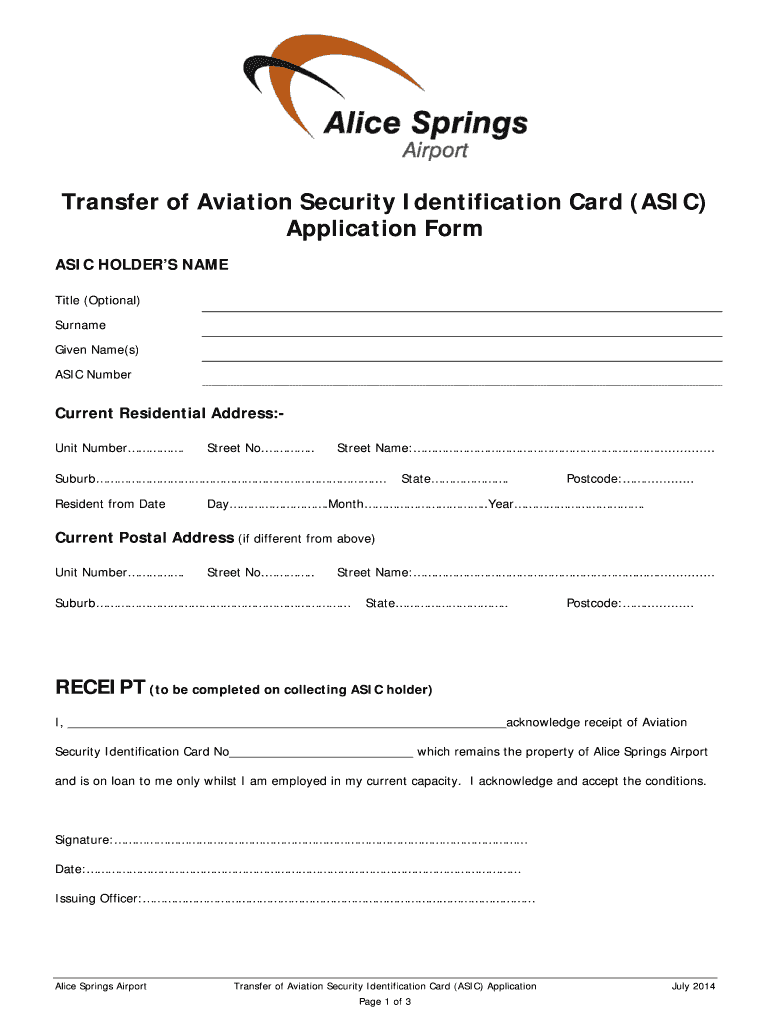 Fillable Online Transfer of Aviation Security Identification Card ASIC