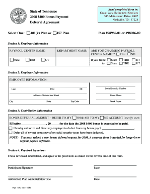 Tennessee 401(k) or 457 Bonus Deferral Agreement