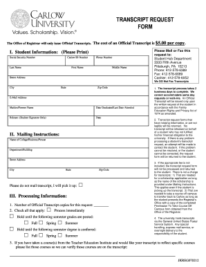 Carlow University Transcript Request Form