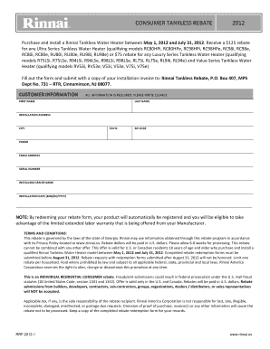 Rinnai Tankless Water Heater Rebate Form 2012
