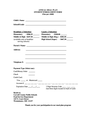 Carroll County Public Schools Meal Plan Enrollment Form