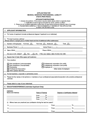 Medical Services Professional Liability Application