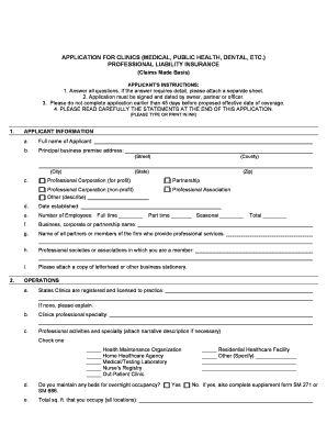Professional Liability Insurance Application for Clinics