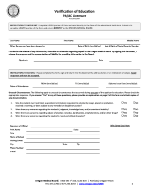 Oregon Medical Board Education Verification Form