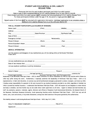 Student and Child Medical Civil Liability Release Form