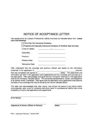 Notice of Acceptance for Lawyers Professional Liability Insurance