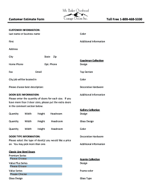 Customer Estimate Form for Doors