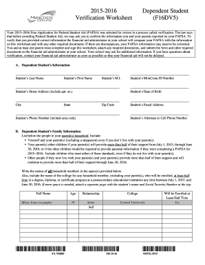 2015-2016 Dependent Student Verification Worksheet