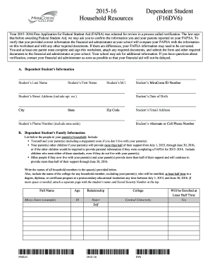2015-2016 Dependent Student Verification Worksheet