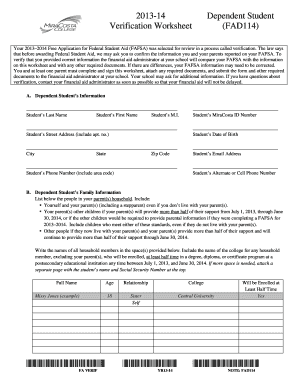 2013-14 Dependent Student Verification Worksheet