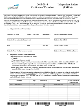 2013-2014 Independent Student Verification Worksheet