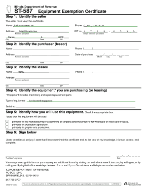 Illinois ST-587 Equipment Exemption Certificate