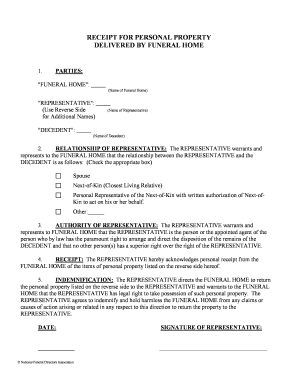 Receipt for Personal Property from Funeral Home