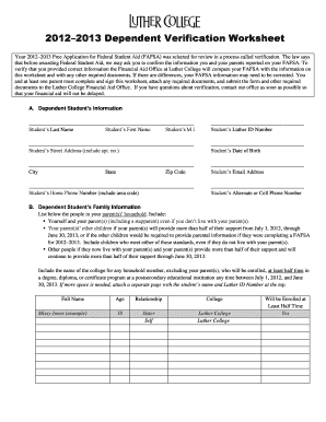 2012–2013 Dependent Verification Worksheet