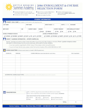 Kettle Moraine Summer Academy Course Selection Form