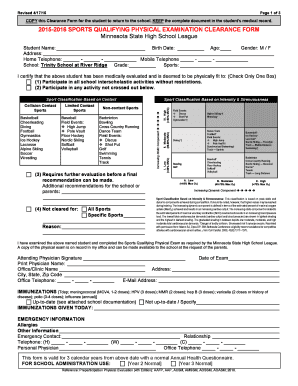 Minnesota Sports Qualifying Physical Exam Clearance Form