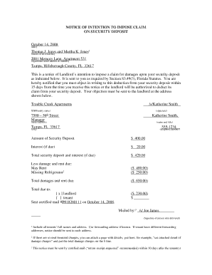 Notice of Intention to Impose Claim on Security Deposit