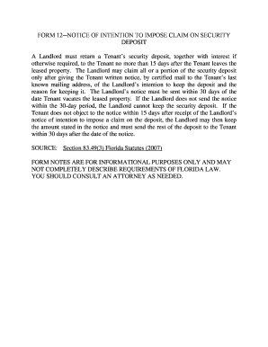 Florida Notice of Intention to Impose Claim on Security Deposit