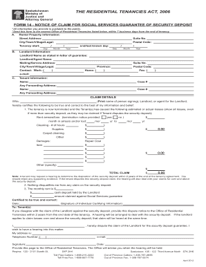 Saskatchewan Notice of Claim for Social Services Guarantee of Security Deposit