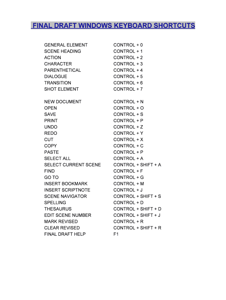 Fillable Online FINAL DRAFT WINDOWS KEYBOARD SHORTCUTS Fax Email Print pdfFiller
