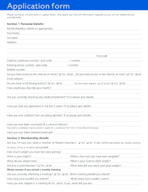Weight Watchers Leader Application Form