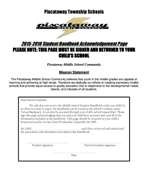 Piscataway Middle School Student Handbook Acknowledgement