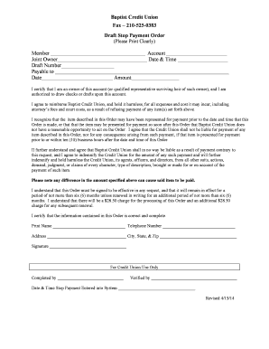 Baptist Credit Union Stop Payment Order