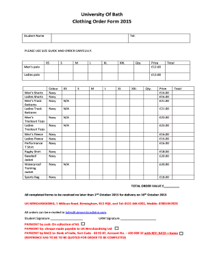 Shirt size number to letter - University Of Bath Clothing Order bFormb 2015 - bath ac