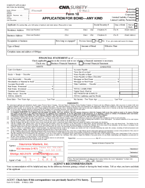 Form 10 Application for Bond