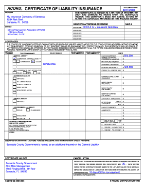 Certificate of Liability Insurance