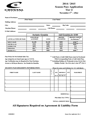 2014/2015 Crystal Mountain Season Pass Application