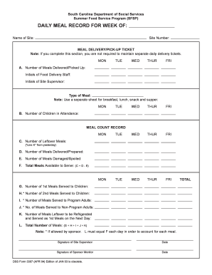 South Carolina Summer Food Service Program Daily Meal Record