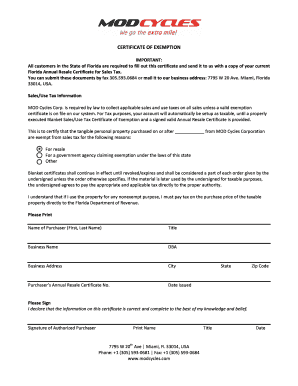 Florida Sales Tax Exemption Certificate