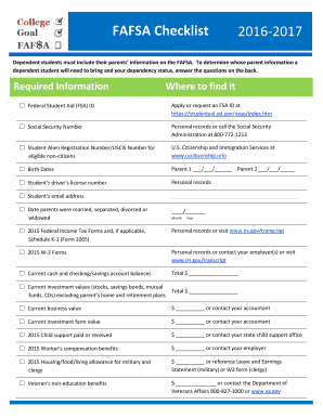 FAFSA Checklist 2016-2017