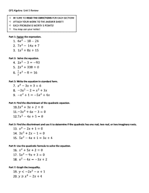 GPS Algebra Unit 5 Review Worksheet
