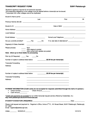 SUNY Plattsburgh Transcript Request Form