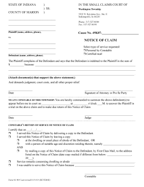 Indiana Small Claims Notice of Claim