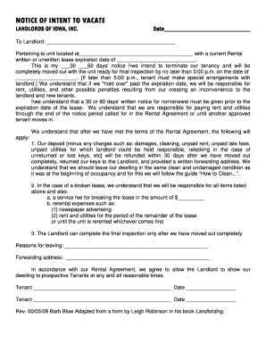 Notice of Intent to Vacate