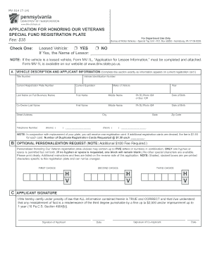 Pennsylvania Honoring Our Veterans Special Fund Registration Plate Application