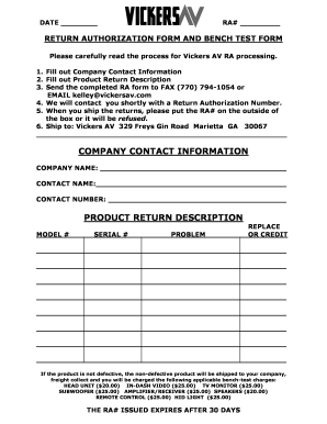 Vickers AV Return Authorization Form