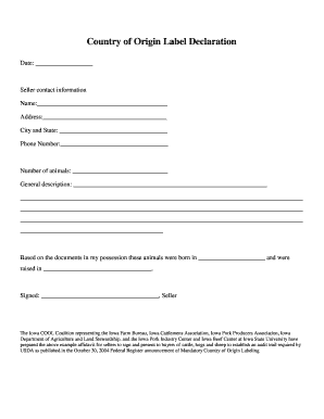 Country of Origin Label Declaration Form
