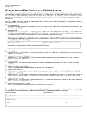 Michigan Sales and Use Tax Contractor Eligibility Statement