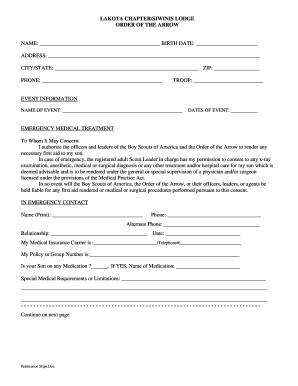Boy Scouts of America Order of the Arrow Permission Slip